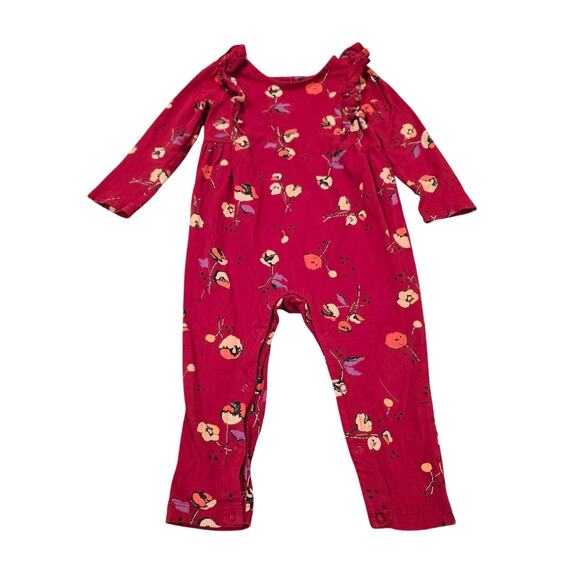 Baby Girl Tea Red Floral Ruffle Accent One Piece Outfit Romper | Size 12-18 Mos - Picture 1 of 9